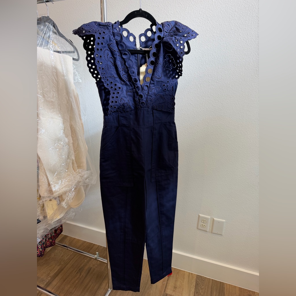 Rebecca Taylor Navy Eyelet Lace Jumpsuit Sz 0 Nwt
